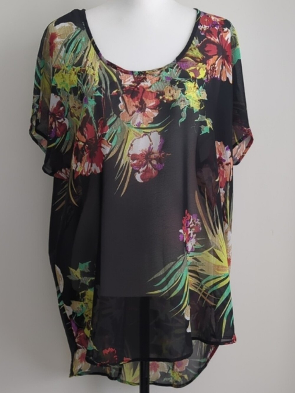 Live 4 Truth Tropical Print Sheer Chiffon High Low Blouse Cage Back 1X